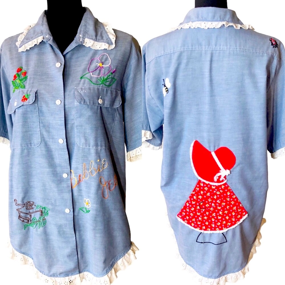 VTG Embroidered JCP Lace Trim Button Front Appliqué detail Permanent Pre…
